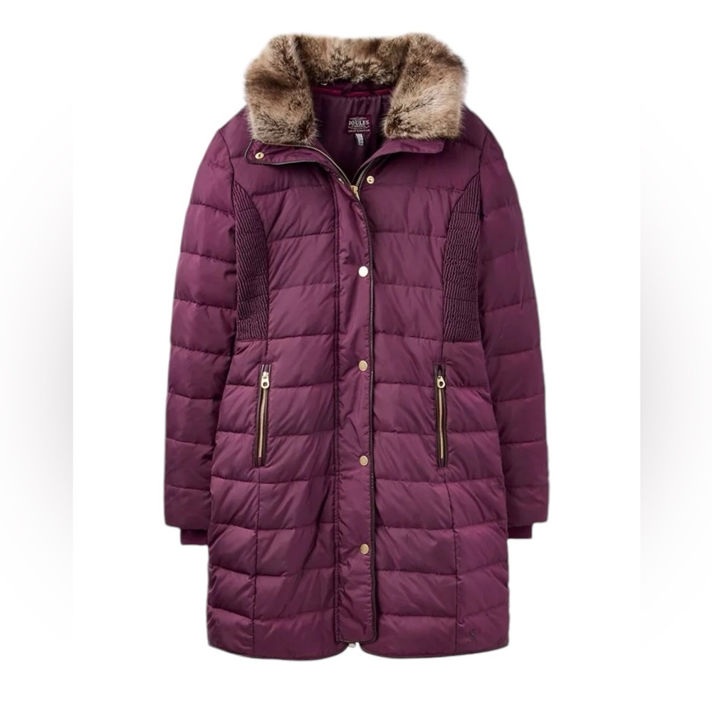 Joules Caldecott size 2 down filled quilted puffer coat fur hoodie burgundy $300